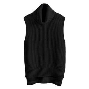 韩范新款高翻领前短后长羊绒线马甲背心女宽松中长款无袖毛衣坎肩