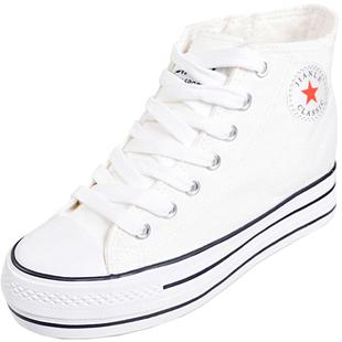 高帮帆布鞋女秋季韩版松糕白色学生百搭厚底内增高小白鞋2025高邦