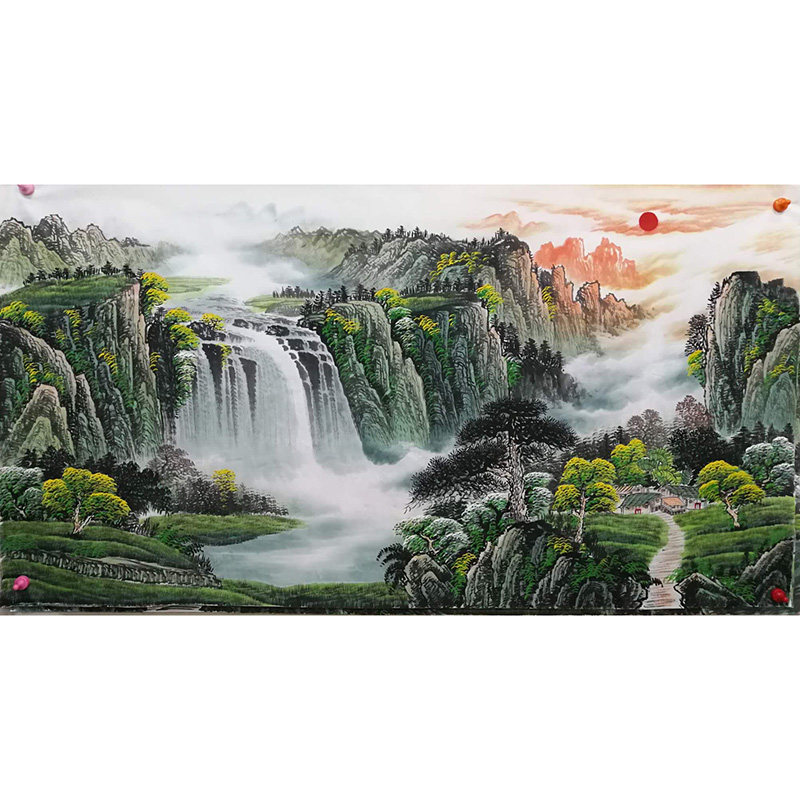 手绘国画旭日东升山水画