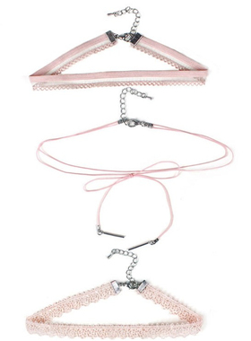 瑞丽家定制 少女choker系列 粉色丝绒蕾丝刺绣项圈项链颈链套装