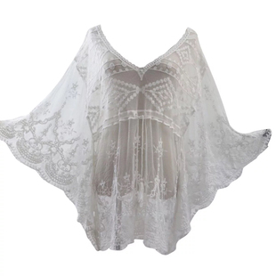 海边沙滩度假蝙蝠袖蕾丝镂空比基尼泳衣罩衫中长款宽松套头防晒衣