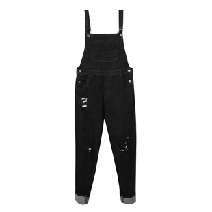 大码背带裤女裤弹力200斤胖mm牛仔裤高腰宽松加肥加大破洞九分潮