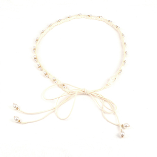 珍珠水钻腰绳女绒皮面腰带女士装饰细腰链百搭配连衣裙子加长杏色