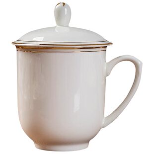 景德镇茶杯陶瓷办公杯带盖手绘金边骨瓷水杯商务会议杯子LOGO定制