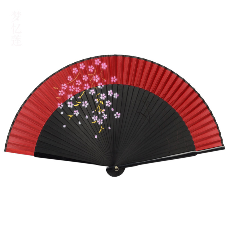 梦忆莲中国风樱花扇子黑色旗袍汉服古风折扇舞蹈竹折叠日式和风扇