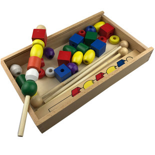 蒙氏早教串珠棒木制宝宝数字串珠三体六色大木珠盒益智配对教玩具