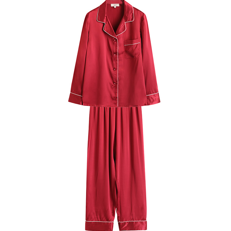 金三塔大紅色真絲睡衣女夏長(zhǎng)袖100%桑蠶絲婚慶本命年男家居服套裝