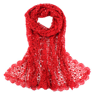 蕾丝勾花镂空亮片丝巾女夏季复古薄款红色新娘晚礼服旗袍披肩围巾