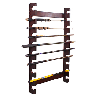 简约壁挂式10位鱼竿收纳架展示架手钓鱼竿摆放架实木家用渔具用品