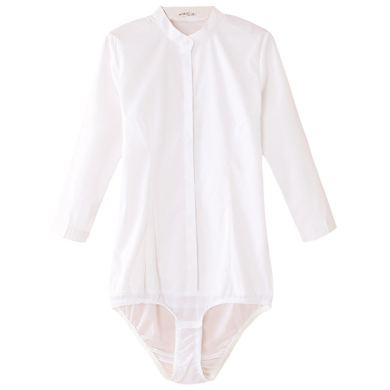 小立领弹力白色长袖连体衬衣女短袖修身面试职业工装大码黑面试装