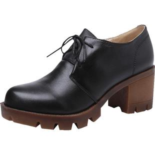 2026春季新款真皮单鞋女圆头系带粗中跟牛筋底舒适小码女鞋工作鞋