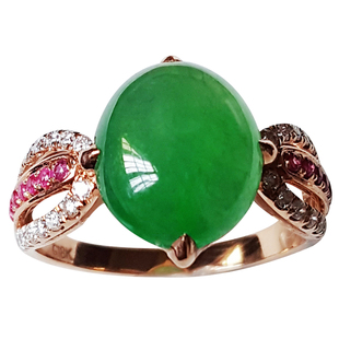 天然冰种飘绿翡翠戒指18K玫瑰金镶嵌钻石A货缅甸祼石戒面蛋面戒指