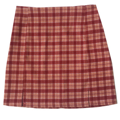 复古风红色格子胖mm双开叉半身裙