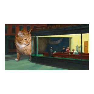 爱德华霍普肥橘猫恶搞小众创意艺术装饰画横幅客厅卧室床头挂画