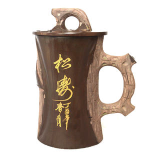 【清幽】纯天然木鱼石超大款茶水杯子全手工把手杯子带盖非麦饭石