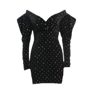 高端定制欧美大牌春秋冬款晚宴丝绒包臀连衣裙名媛显瘦洋装小礼服