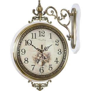 金属双面钟表客厅创意欧式挂钟北欧静音实木美式壁钟艺术装饰挂钟