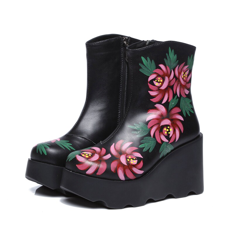 民族风女鞋纯皮女靴坡跟单靴秋冬新款女式短靴女厚底高跟软皮棉靴