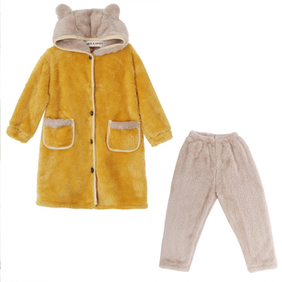 儿童睡衣珊瑚绒秋冬季宝宝法兰绒男童加厚款保暖连帽小孩睡袍套装