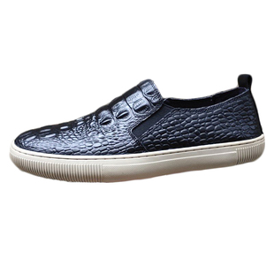 外贸尾单男鞋鳄鱼纹黑色男士皮鞋真皮英伦韩版潮鞋一脚蹬懒人鞋子