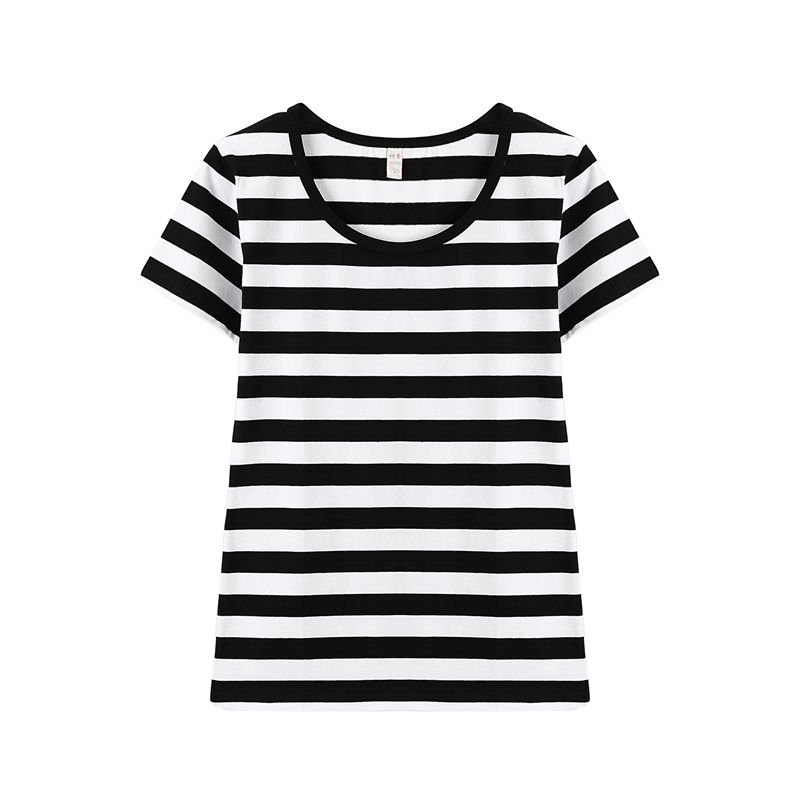 2022新款百搭薄款黑白条纹短袖T恤女棉夏季上衣服修身显瘦打底衫