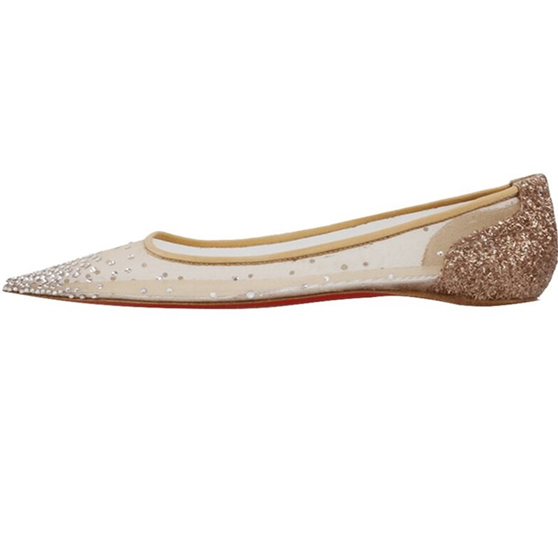 仙女风平底透气网纱水钻尖头单鞋女内增高平跟裸色亮片鞋婚鞋女鞋