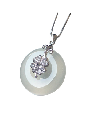平安扣天然玉髓四叶草银项链吊坠