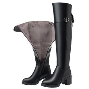 过膝靴女真皮高跟长筒靴加绒厚底棉靴子女靴冬新款高筒靴长靴大码