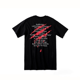 SuaMoment血爪痕抓痕标语短袖超火的t恤国潮嘻哈宽松夏季tee