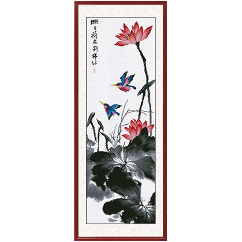 水墨荷花十字绣映日荷花客厅竖版