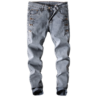 秋季弹力牛仔裤男士修身韩版小脚裤青年潮流个性陈冠希紧身长裤子