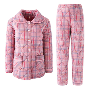 冬季中年三层加厚里外纯棉布夹棉睡衣女装保暖冬天女士全棉冬装