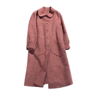 减龄娃娃领千鸟格毛呢外套  翻边灯笼袖全羊毛双面呢中长款大衣女