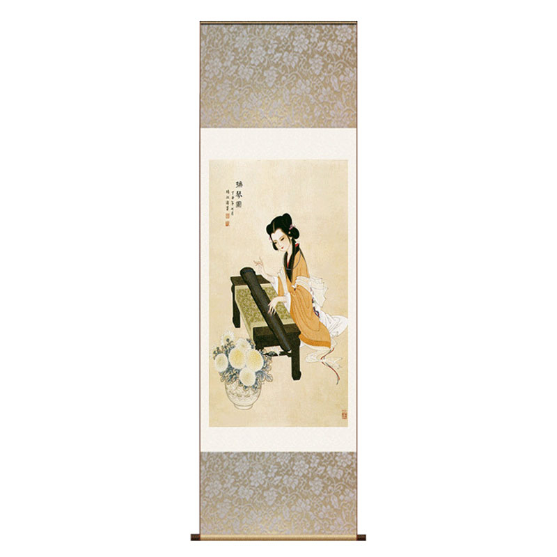 抚琴图丝绸画卷轴画客厅家居美女
