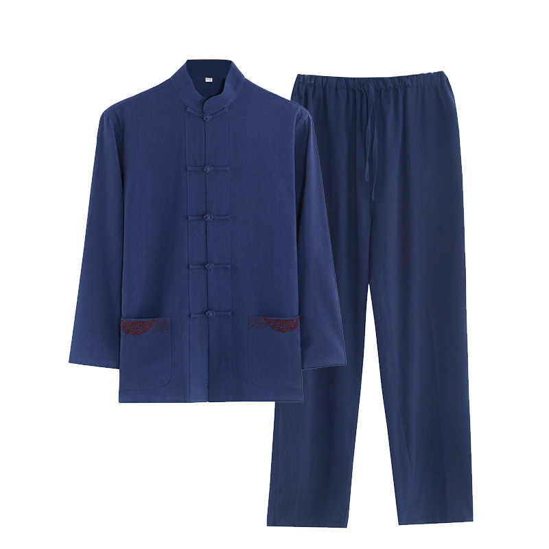 棉麻唐装男长袖套装禅修居士服