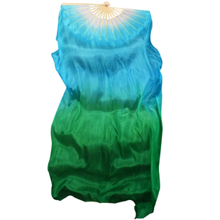 桃李杯水中草扇子 学院派舞蹈扇 湖蓝绿渐变长绸真丝扇古典舞扇子