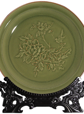 龙泉宋元青瓷豆青釉挂盘陶瓷创意工艺品家居客厅装饰玄关博古摆设