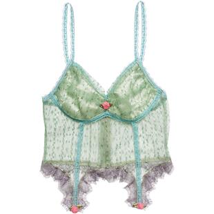 s u p e rr 复古兰绿色小花朵装饰蕾丝打底吊带背心