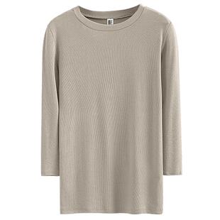 春季新款女修身七分袖打底衫纯棉体恤枣红色圆领半袖上衣T恤