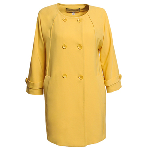 2016秋装新款 撤柜通勤圆领双排扣纯色简约百搭中长款风衣外套