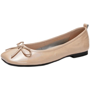 Aee/爱意女鞋复古方头蝴蝶结舒适平底鞋软漆皮单鞋女4120101116