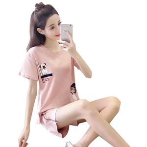 带胸垫睡衣女夏纯棉短袖外穿套装