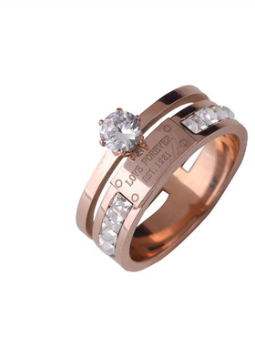 大气钛钢镶钻玫瑰金不掉色戒指