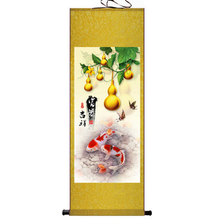招财花鸟画发财树金葫芦玄关字画办公室挂画靠山背景卷轴丝绸壁画
