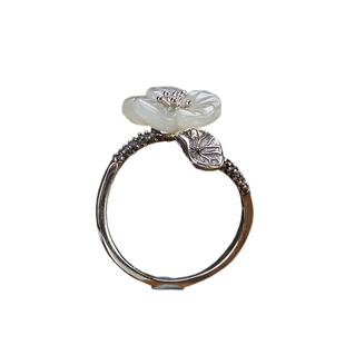 原创和田玉蝶恋花戒指s925纯银镶嵌白玉碗花指环开口可调款银戒子