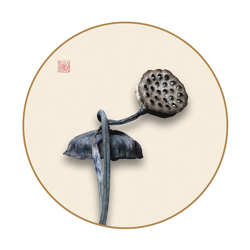 圆形装饰画小清新植物莲蓬湖边客厅书房壁画墙布挂画布画自粘画芯