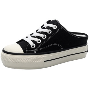 2025新款春黑色帆布鞋厚底内增高懒人半拖鞋女大红无后跟潮松糕鞋