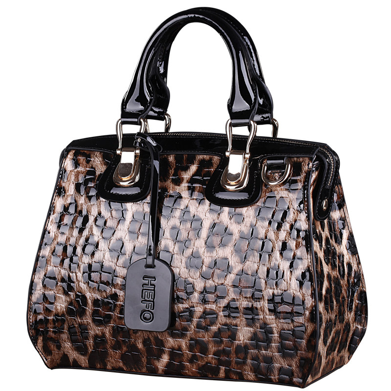 HEFO豹纹女包定型皮包手提包女式纯牛皮包手提单肩斜挎三用硬包