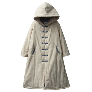 2023冬季文艺民族风加厚棉服女装长款宽松连帽过膝棉衣外套棉袍女