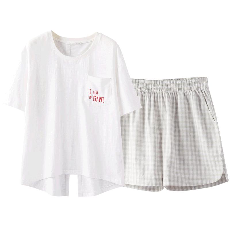 妮狄娅格子短裤字母绣花家居服